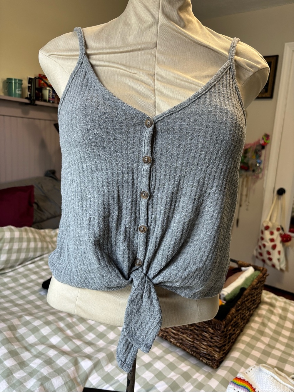 wild fable Light Gray Waffle Knit Button-Front Tie Tank